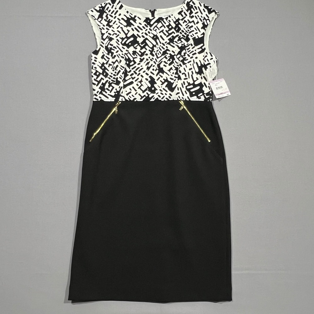 Kasper Sheath Dress Abstract Print Gold Zipper‎ Accent Black White Women's 6 NWT